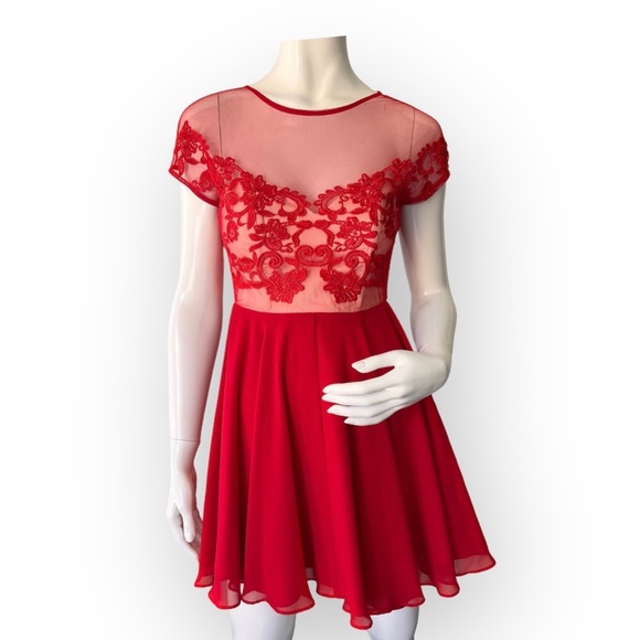 ASOS Red Mesh A Line Skater Dress Size Petite 2 - Picture 1 of 9